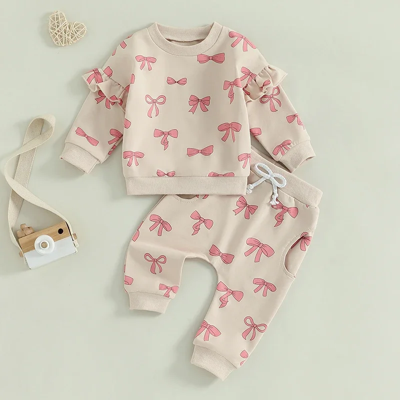 Toddler Baby Girl Clothes Long Sleeve Bow Print Ruffle Sweatshirt Pants Newborn Set Clothes 2PCS Outfits