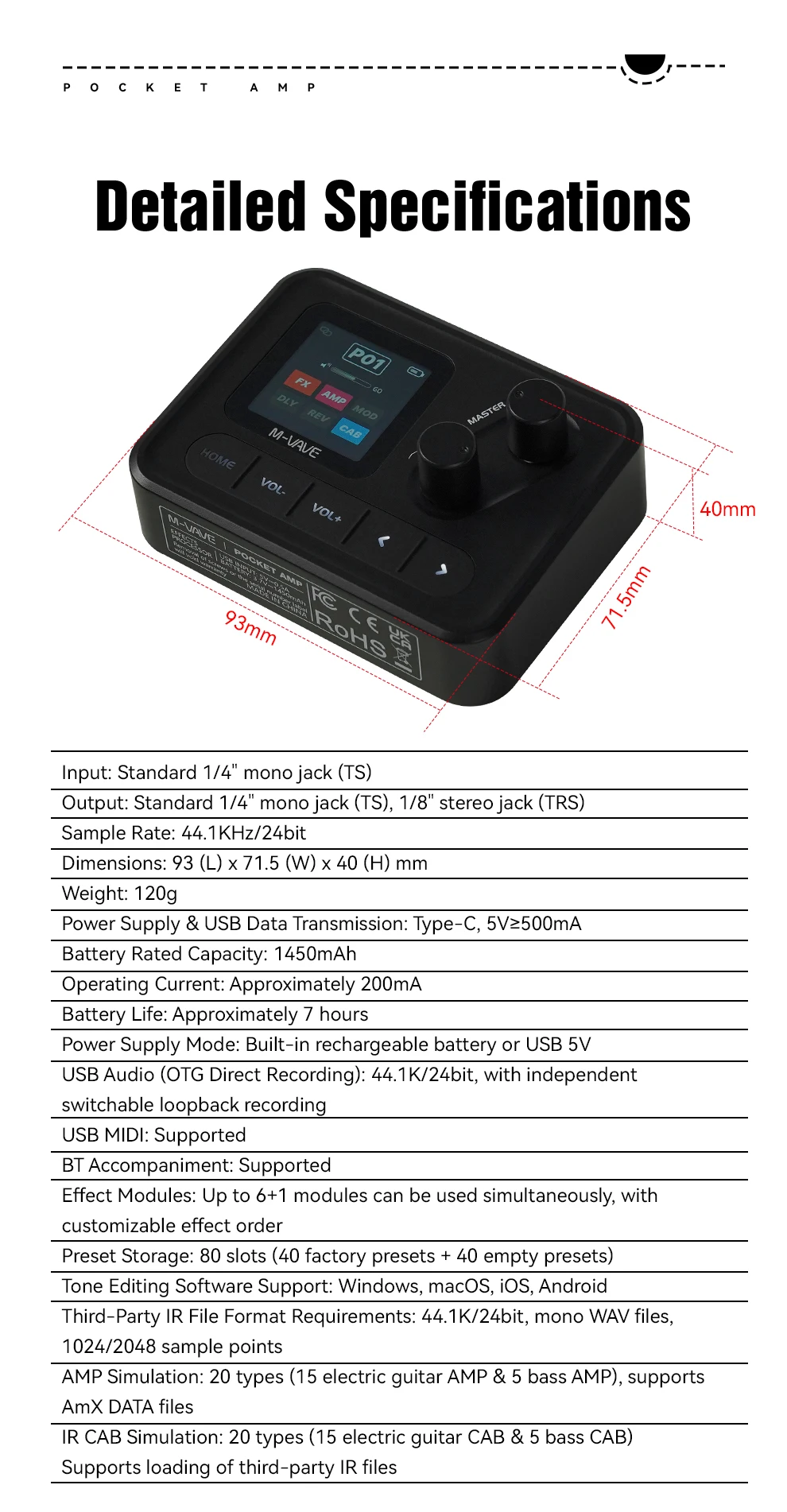 เอฟเฟคกีตาร์ M-VAVE POCKET AMP/หน้าจอสี 1.5 นิ้ว/อินเทอร์เฟซเสียง USB/แบตเตอรี่ 7 ชั่วโมง/IR Loader/บลูทูธ/สำหรับกีตาร์ไฟฟ้า/เบส