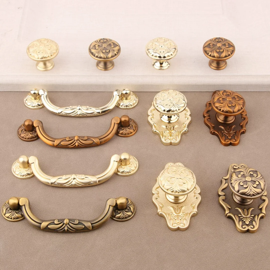 96mm European Retro Yellow Bronze Shiny Gold Carved Drawer of Cabinet Dresser Bedside Table Wardrobe Door Pull Knob Handle Zinc