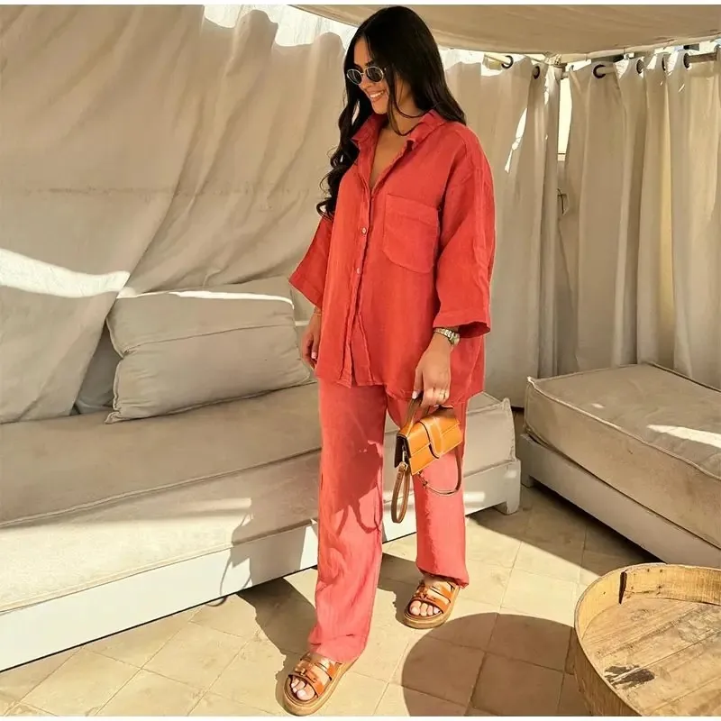 Fashion With Pocket Two Piece Set For Women 2024 New Loose Casual Shirt & Wide Leg Pant Sets Solid Female Vacation Outfits