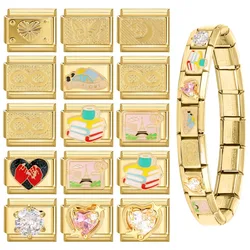FUNIQUE Retro Charm Bracelet Airplane Rose Checkerboard Italian Charm Links Fit 9mm Stainless Steel Bracelet Jewelry DIY Making