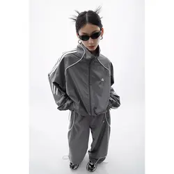 Women Loose Pant Jacket Sets Sports Two-Set Streetwear Grey Sport Jacket Loose Sweatpants Ladies Outdoor Joggers Tracksuit