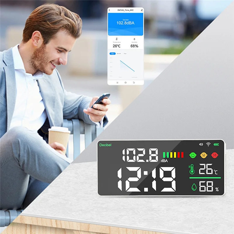 B66C TUYA Wifi Digital Decibel Sound Meter Wall Mounted Smart Noise Tester Temperature and Humidity Monitor LED Large Screen