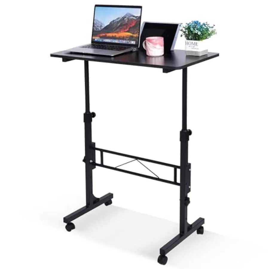 

Mobile standing desk for home office use, black steel frame, height-adjustable 27-43.5, compact 16x31.5 rolling design with smo