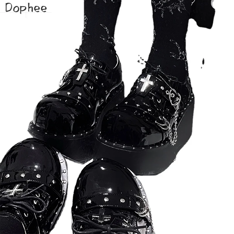 

Dophee Original Women's Lolita Shoes Punk Style Cross Y2K Spice Girls Subculture Round Toe Platform PU Leather Shoes Mary Jane