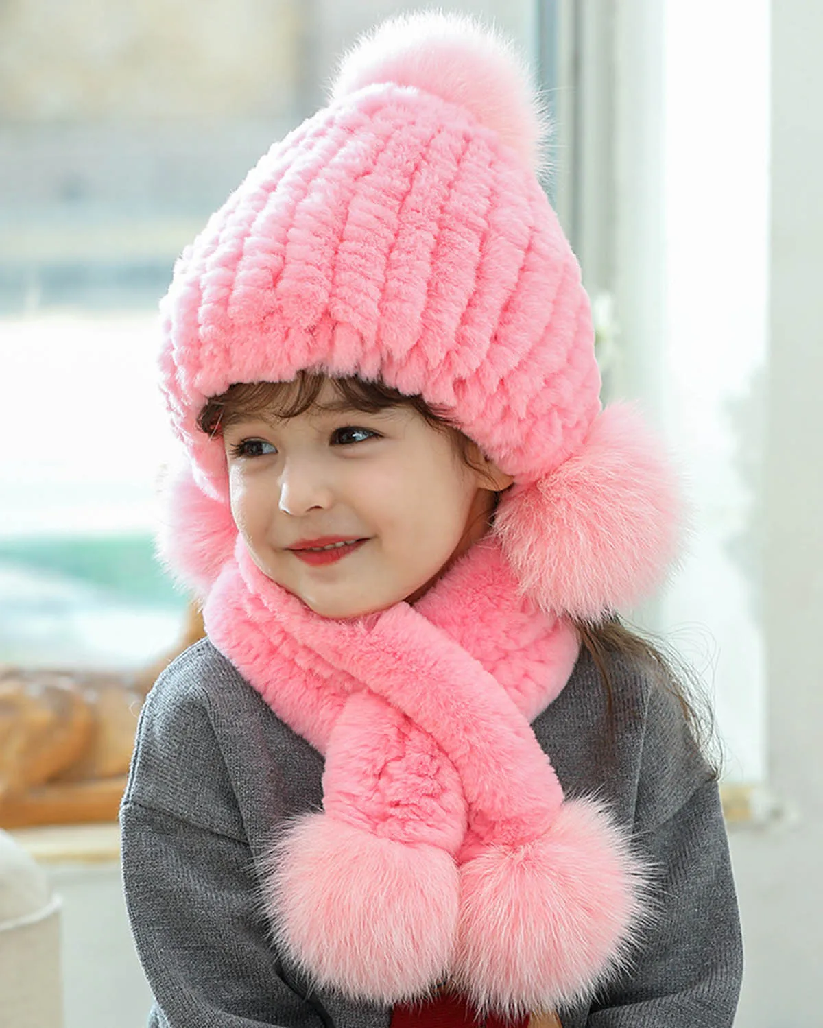 Children's Real Rex Rabbit Fur Hat Scarf Sets Winter Warm Beanie Cap Fox Pompom Black Pink Grey Beige