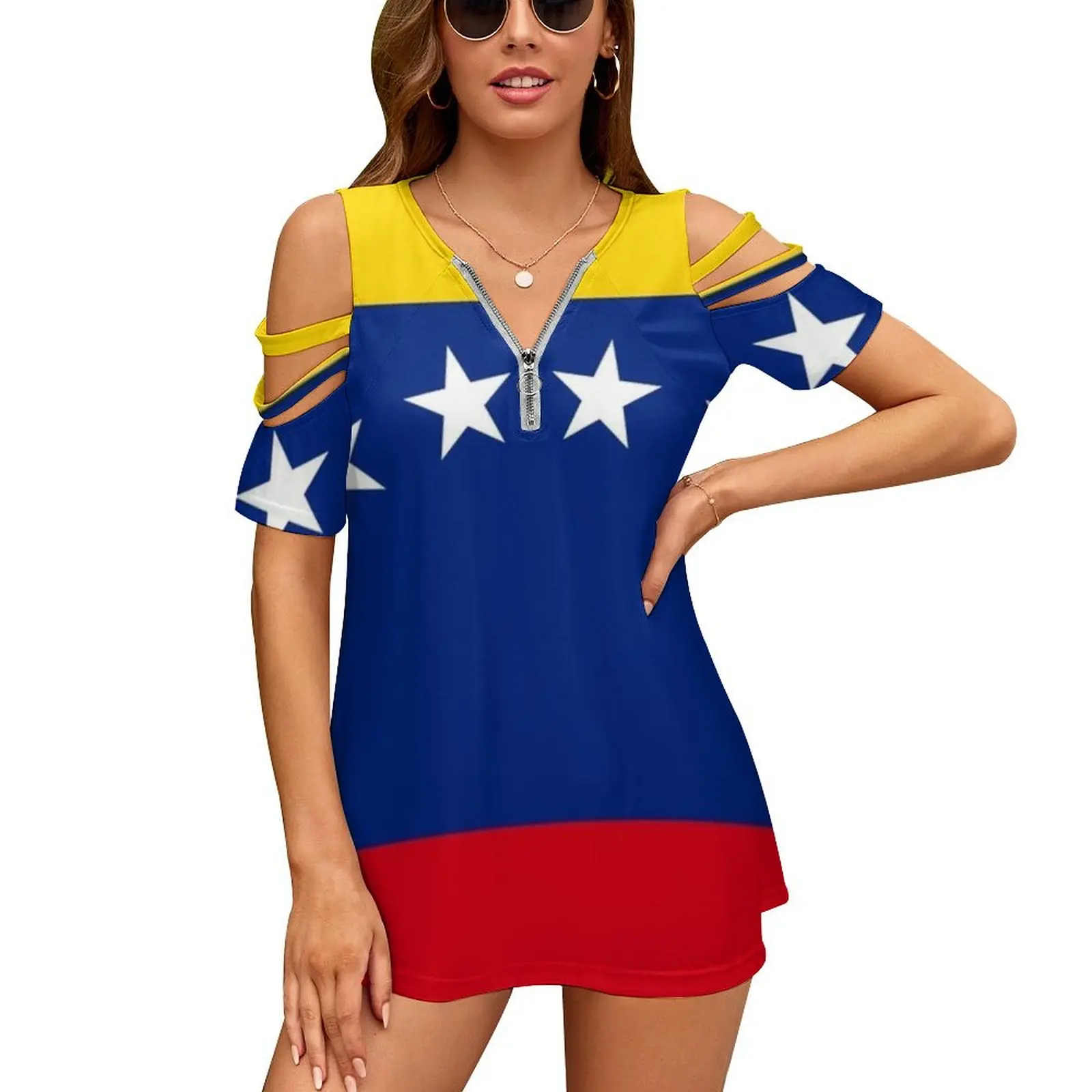 Flag Of Venezuela Women\'S T-Shirt Summer Fashion Print Floral V-Neck Zipper Tshirt Hollow Pullover Ladies Top Flag Of Venezuela