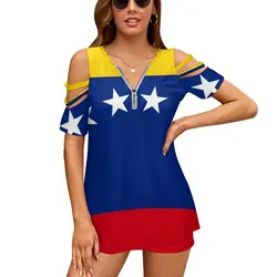 Flag Of Venezuela Women'S T-Shirt Summer Fashion Print Floral V-Neck Zipper Tshirt Hollow Pullover Ladies Top Flag Of Venezuela