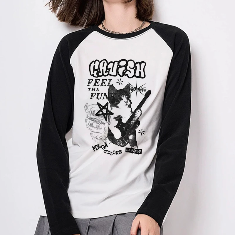 

Забавная готическая футболка, женские всесезонные футболки, топы, футболка 90-х годов, американский кот, рок-гитара, футболка с длинным рукавом и принтом, одежда