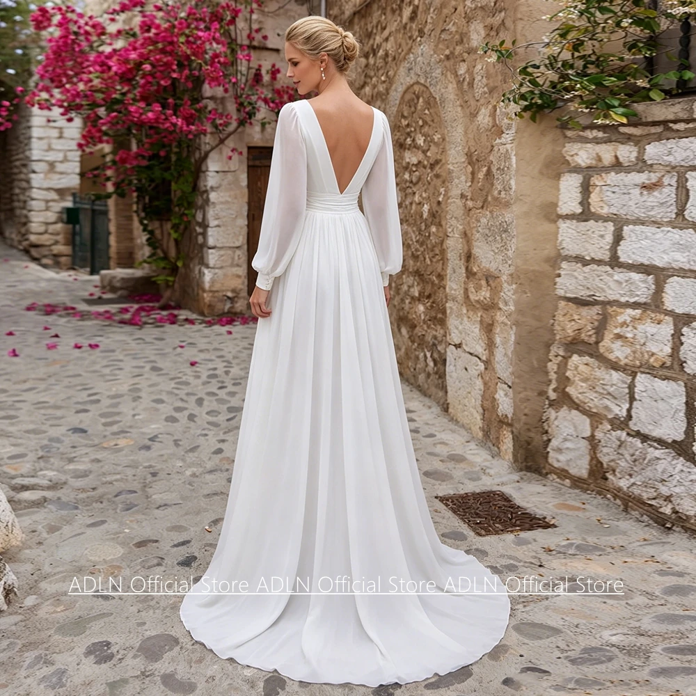 Simple Summer Wedding Dress Customized Double V Neck Puff Sleeves Pleat Ruched A Line Sweep Train Beach Bridal Gown