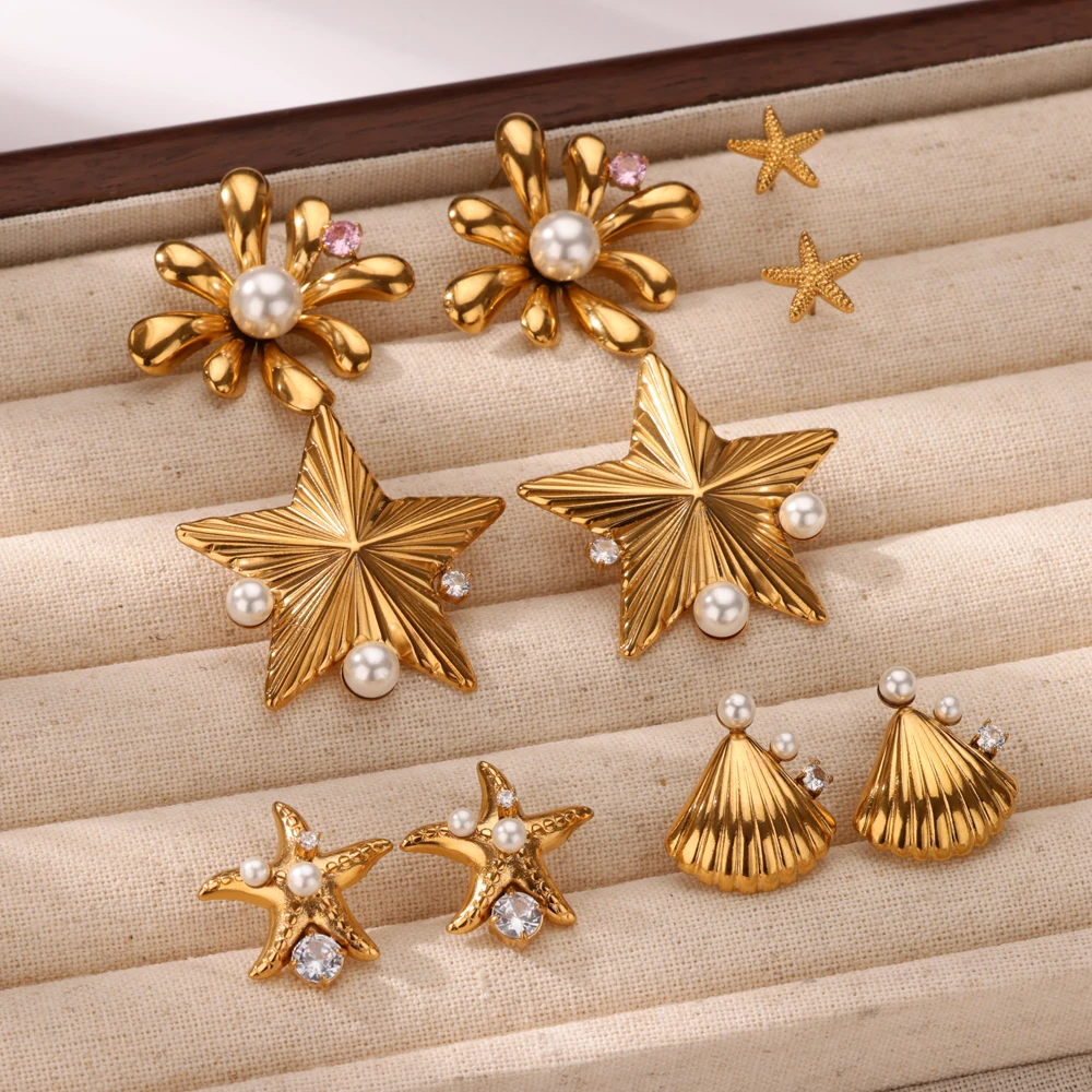 Imitation Pearl Flower Earrings for Women Stainless Steel Gold Color Starfish Earrings Fashion Wedding Jewelry Christmas Gift