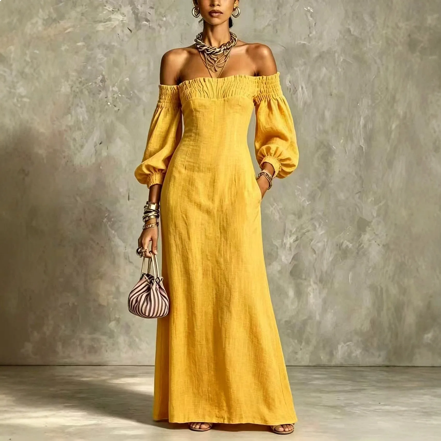 One Shoulder Long Dress for Women Bubble Sleeve Waist Slimming Vacation Dresses Bodycon Maxi Dress Spring Summer