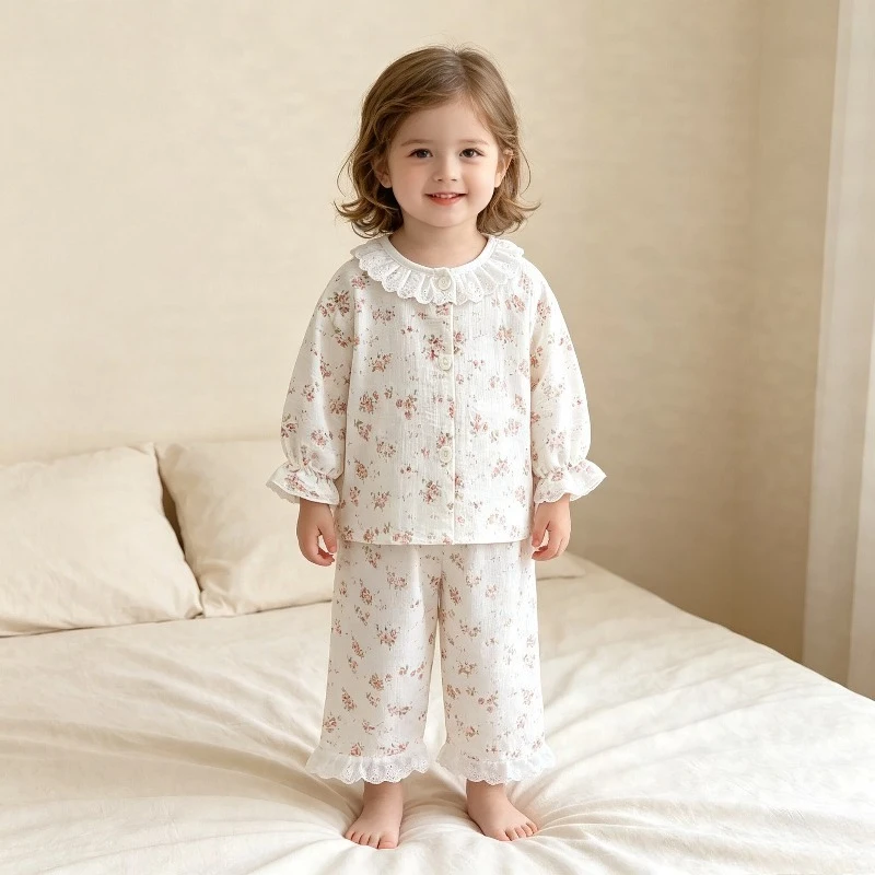 Kids Girls Home Clothes Sets Loose Thin Children Pajamas Lace Floral Princess Long Sleeve Tops+Pants 2Pcs Set Girls Clothing