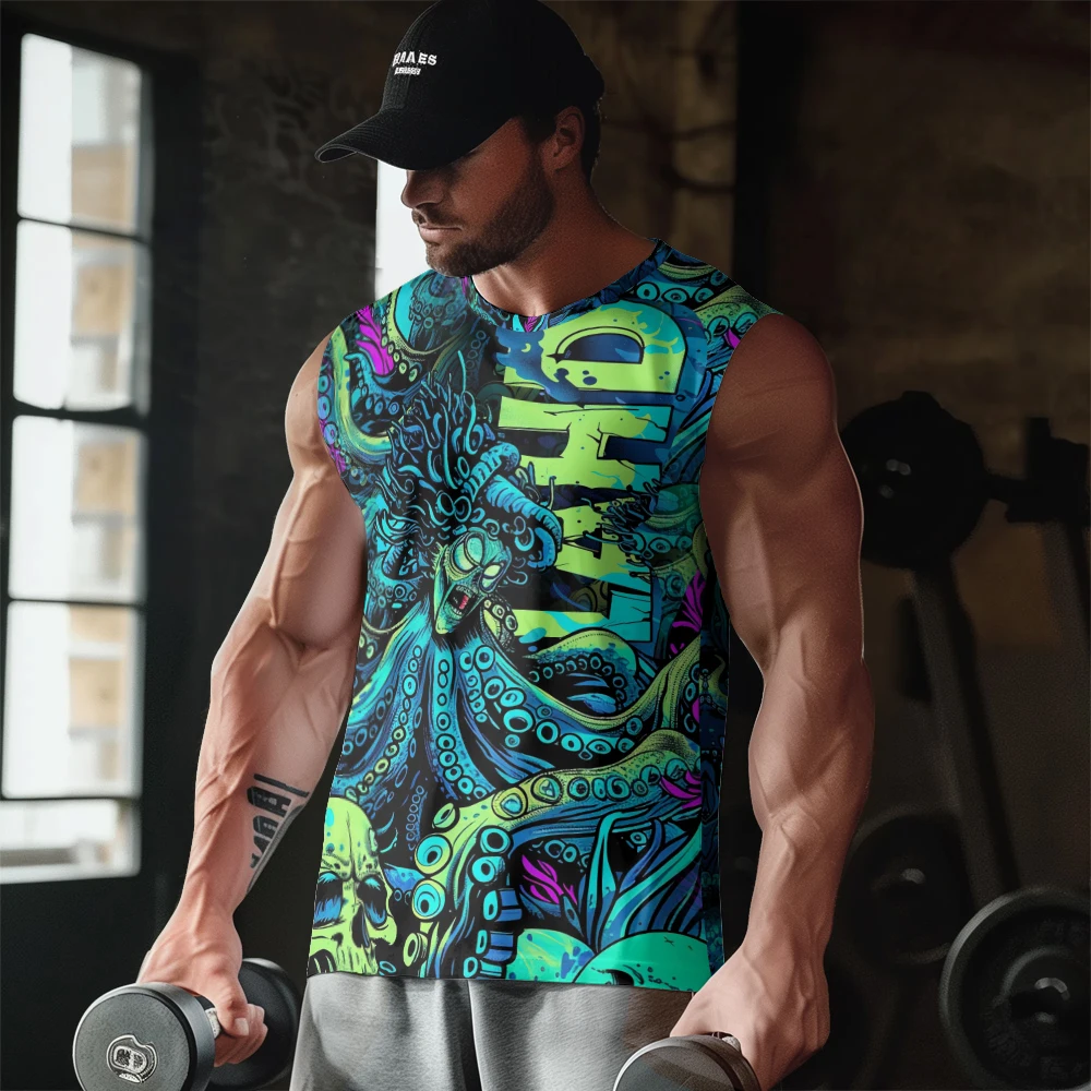 Halloween Octopus Angry Skull Banshee Print Gym Casual Tank Top Sleeveless Thin Train Vest Youth Men's Sports Fitness Vest