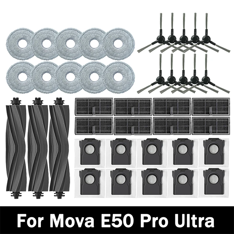 Ersatzteile für Mova E50 Pro Ultra Staubsauger: Hauptbürste, Seitenbürste, HEPA-Filter, Wischtücher, Staubbeutel.