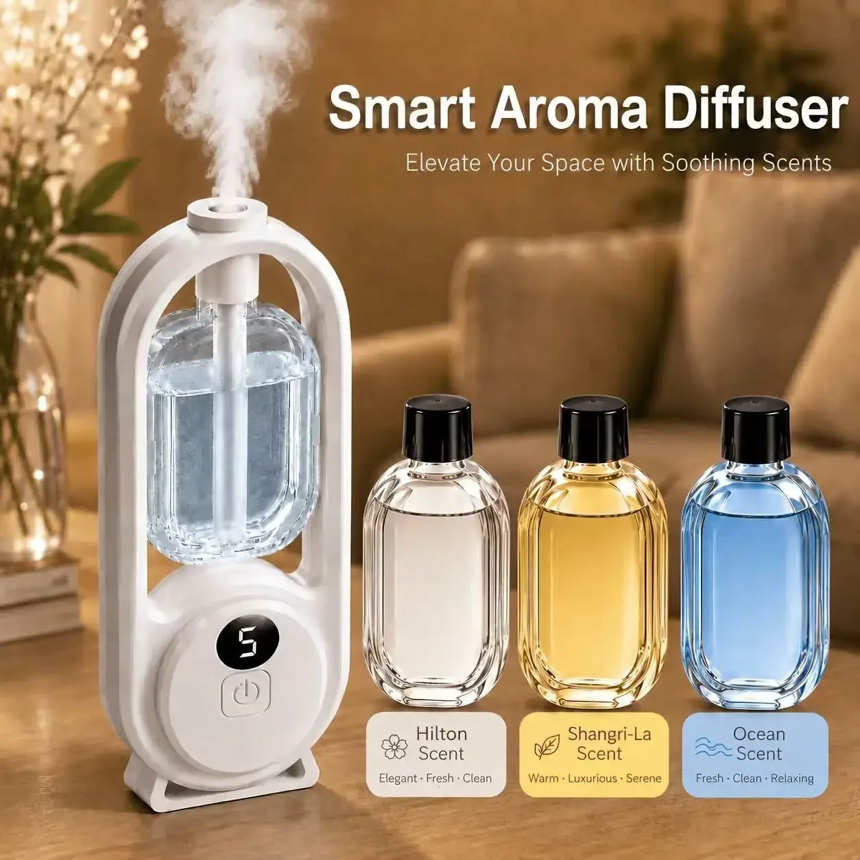 The Smart Essential Oil Diffuser Has Five Adjustable Scent Modes, A Battery Level Indicator, A Warm Ambient Light, Replaceable Fragrance Refills, And USB Charging, Making It Perfect For Home Decor, Relaxing In The Bedroom, Or As A Holiday Gift.