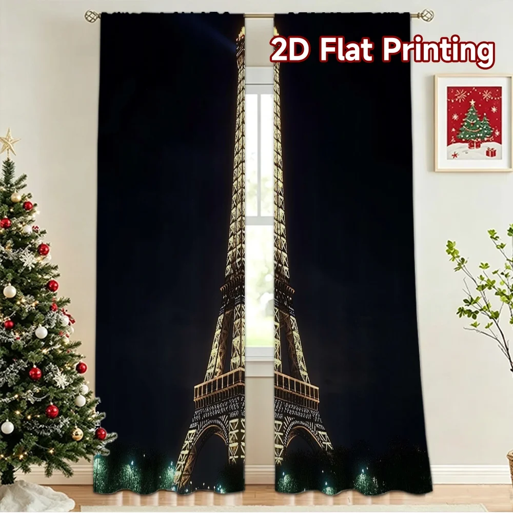 2D flat 2pcs Curtain Retro Country Style Paris Tower at Night Digitally printed polyester, colorfast Holiday Decorations Perfect