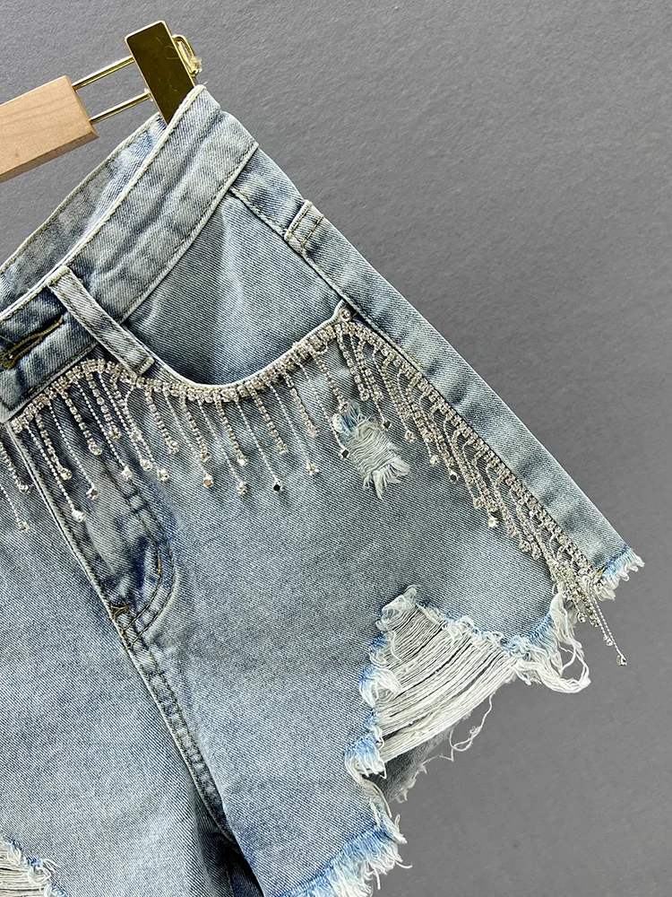 Fashion Tassel Denim Shorts Women 2024 Summer Clothes New Fashion High Waist Slimming European Station Diamond Ripped Hot Pants