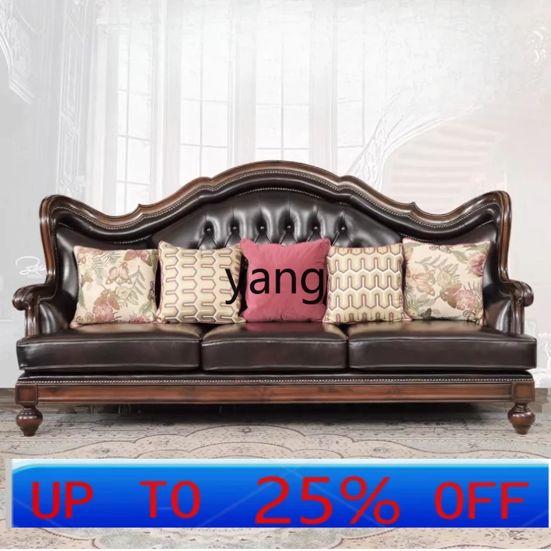 LTT American first layer cowhide sofa full solid wood carving flower oil wax leather sofa