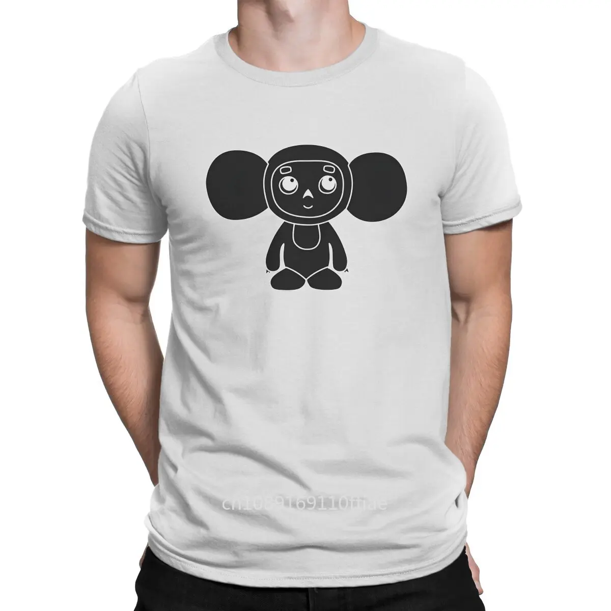 Men Black T Shirts Cheburashka Pure Cotton Clothing Casual Short Sleeve Round Collar Tees 4XL 5XL T-Shirt