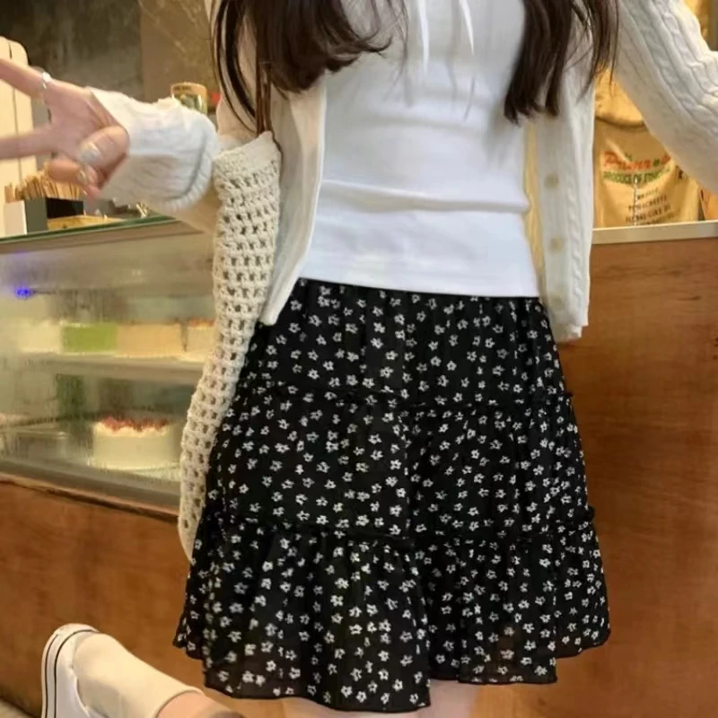 

Y2k Sweet Kawaii High Waist Print Black Skirt Women Lace Harajuku Streetwear Student Party Dresses Aesthetics Puffy Skirts New