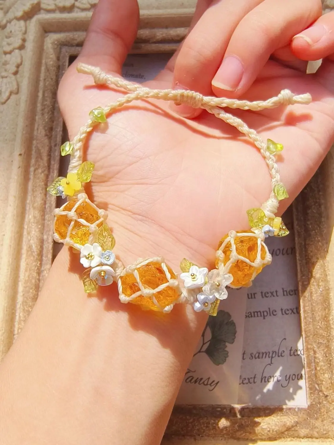 Chinese Style Handmade Braided Bracelet Orange Glass Beads Net Wrapped Flower Leaf Charms Lucky Auspicious Adjustable Daily Wear