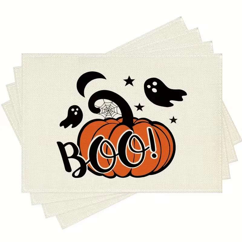 Trick or Treat Pumpkin Bat Witch Hat Printed Table Mat Spooky Halloween Decorative Placemat for Dining Table Dinner Party