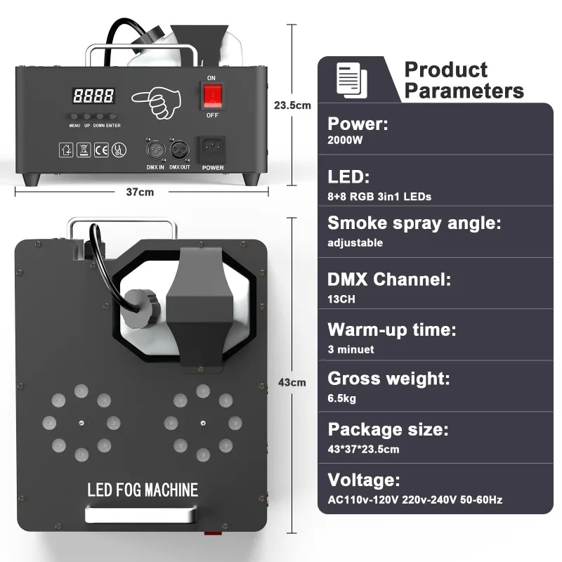 2000W Dual Tube RGB LED Fog  Adjustable Spray Output Stage Smoke Maker for Wedding DJ Concert Party Stage FX Equipment