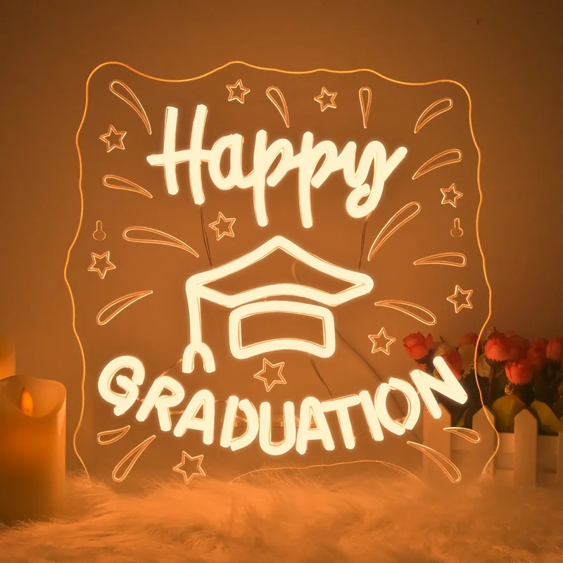 

Happy Graduation Neon Sign Grad Graduation Wall Hanging Decor LED Warm White Light Up Sign For Class School Graduation Party
