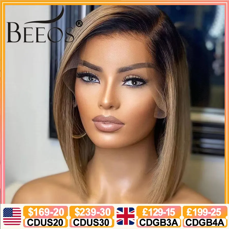 

BEEOS Ash Blonde 13x4 HD Lace Front Human Hair Wigs Skinlike Straight Short Bob Wig For Women Pre plucked 5x5 HD Closure Wig