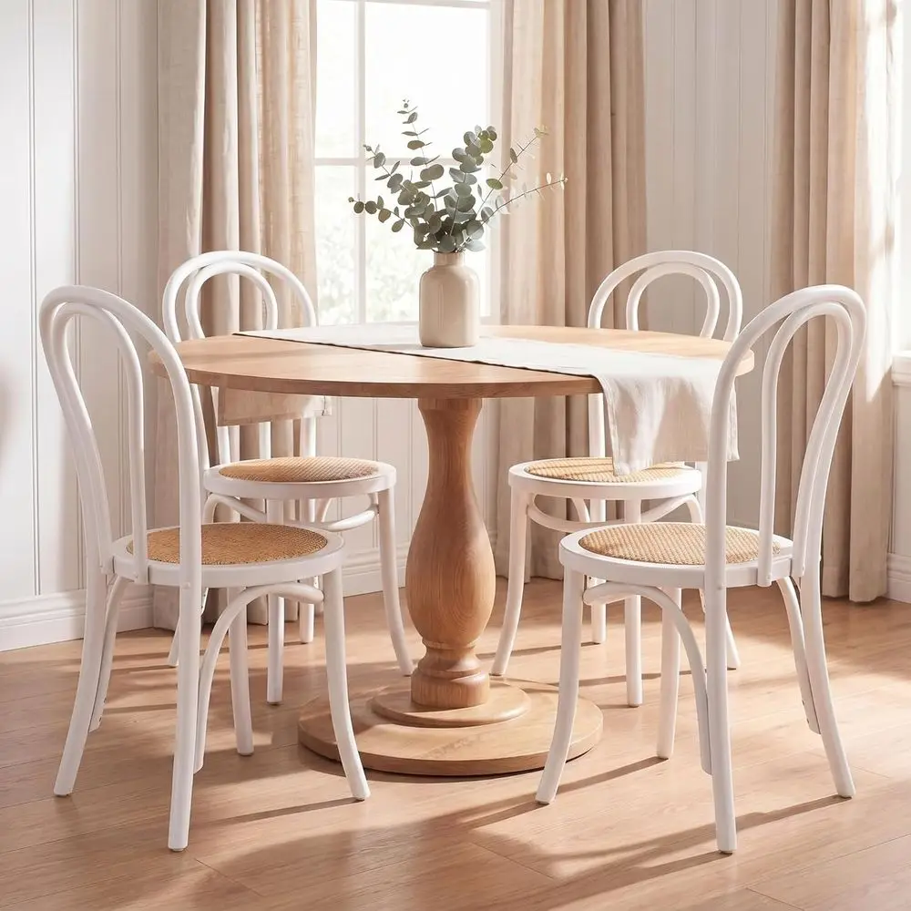 

Set of 4 White Solid Bentwood Dining Chairs with Rattan Seats, Classic Parisian Style for Kitchen & Dining Room, Ready to Use