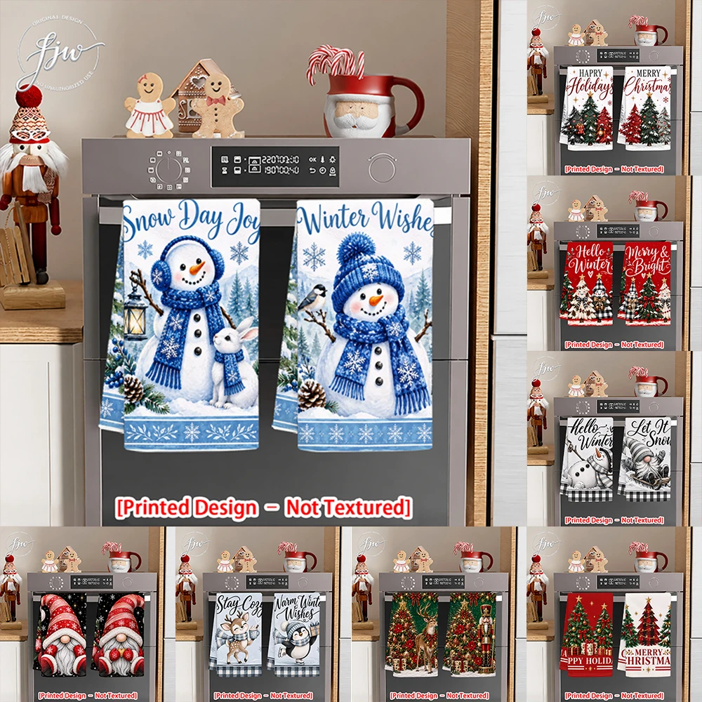 2pc Winter Wonderland Christmas Kitchen Towels Set, Festive Snowman Gnome Xmas Tree Printed Dish Towels for Holiday Decor