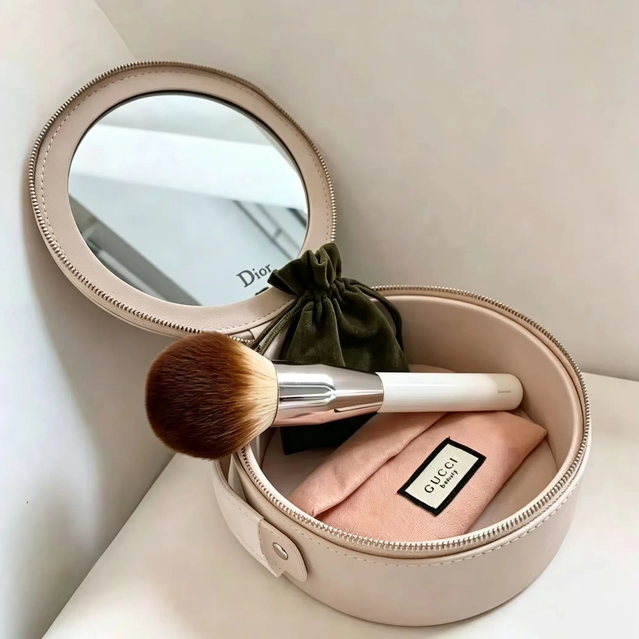 Christian Dior Dior’s Bag Luxury Apricot Round Handheld Makeup Organizer Pouch With Zipper & Built-in Mirror Portable Travel Cos - view 2