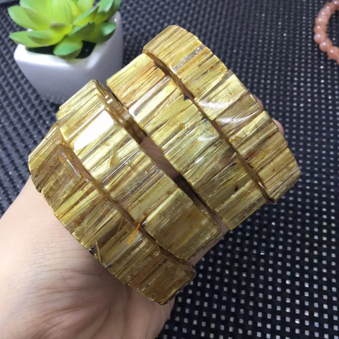 1 Pc Fengbaowu Natural Gold Rutilated Quartz Bracelet Bangle Square Beads Crystal Reiki Healing Stone Fashion Jewelry Gift