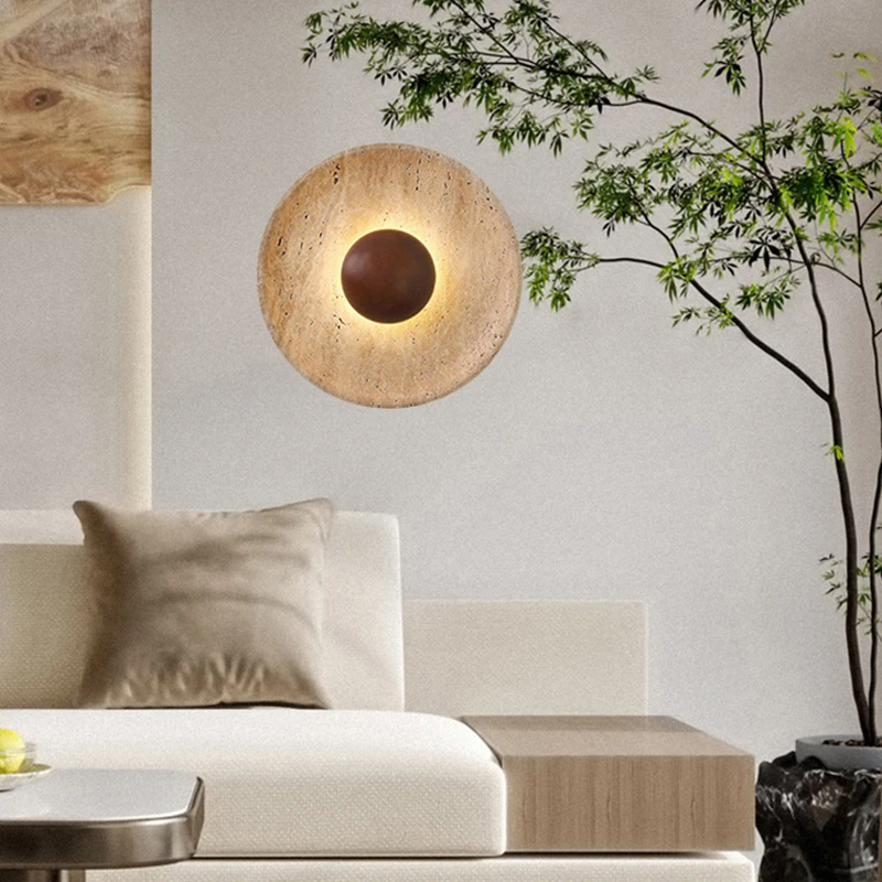 Japanese Wabi Sabi Natural Stone Wood Round LED Wall Lamp Atmosphere Lamp For Foyer Dining Room Bedroom Stairs Aisle 110-220V