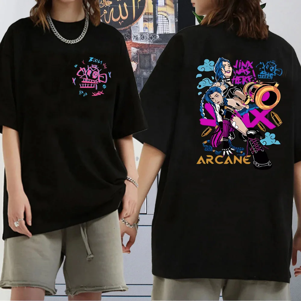 Cartoon Arcane T Shirts Fashion Men Harajuku Aesthetic Retro Anime Vi Jinx Tshirt Unisex High Quality Vintage Cotton Tee Shirt