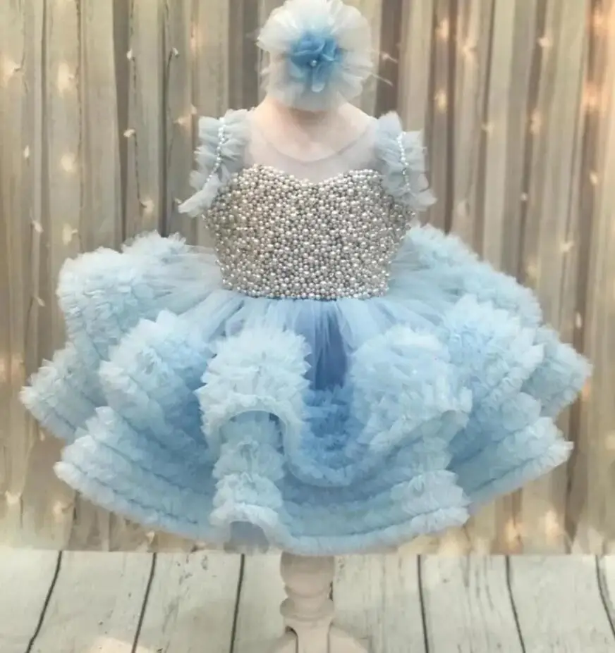 

Gorgeous Blue Flower Girl Dresses Bow Tulle Pearls Princess Wedding Birthday Party Dress Child Pageant Ball Gowns