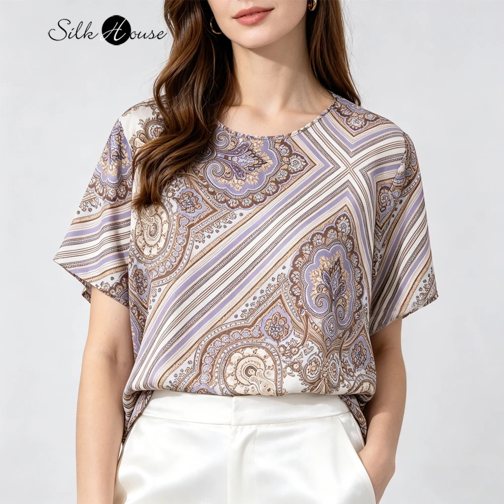 

Plus Size Casual Comfortable Breathable 100% Natural Mulberry Silk Electric Spinning Round Neck Short Sleeved Women's T-shirt