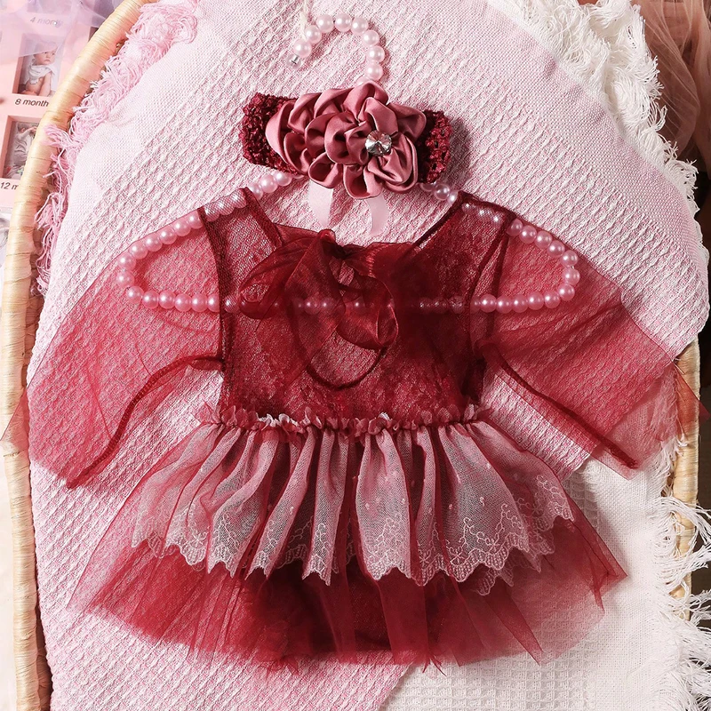 Ylsteed Newborn Wine Red Lace Romper Long Sleeve Photography Clothes with Headband Christmas Photo Shooting Outfits