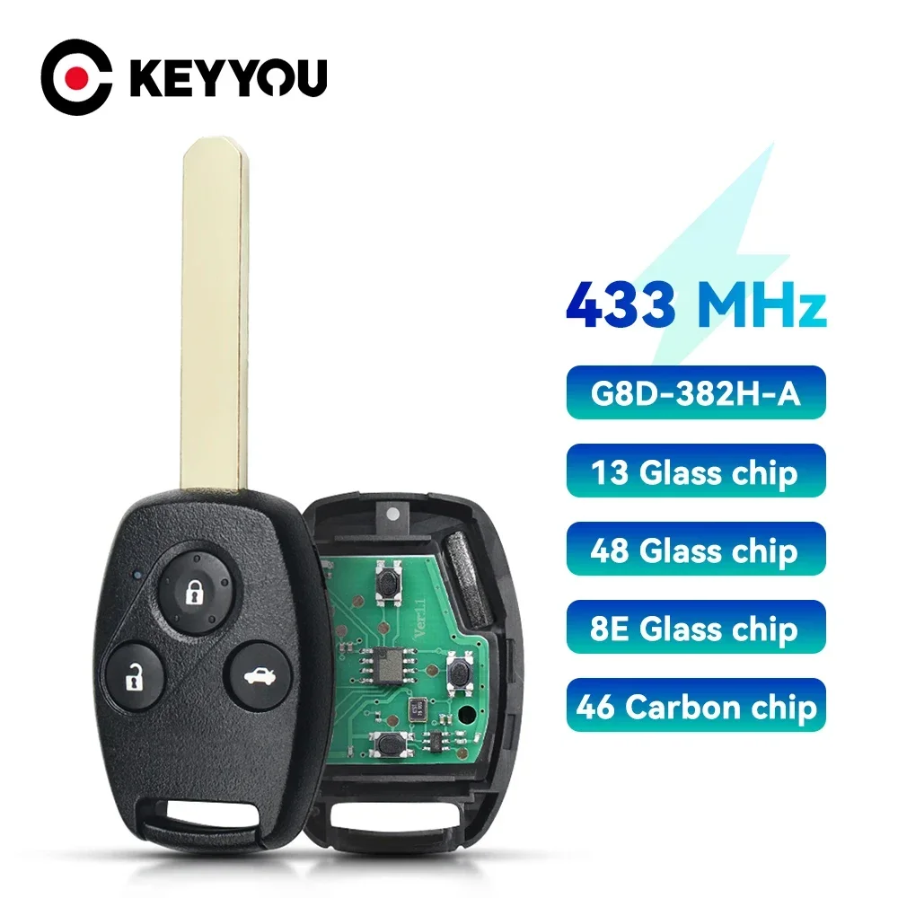 KEYYOU New Remote Car Key G8D-382H-A For Honda CR-V HR-V Civic Insight Ridgeline Accord FSK 433.9MHZ ID46/13/48/8E Chip