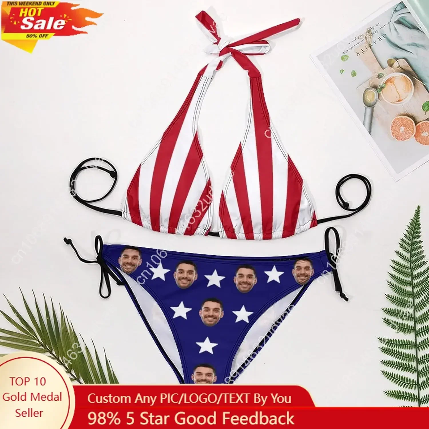 Custom Face Bikini Set for Women Personalized Swimsuit Set Matching Swim Top Bottom&Beach Cover Up for Swimwear