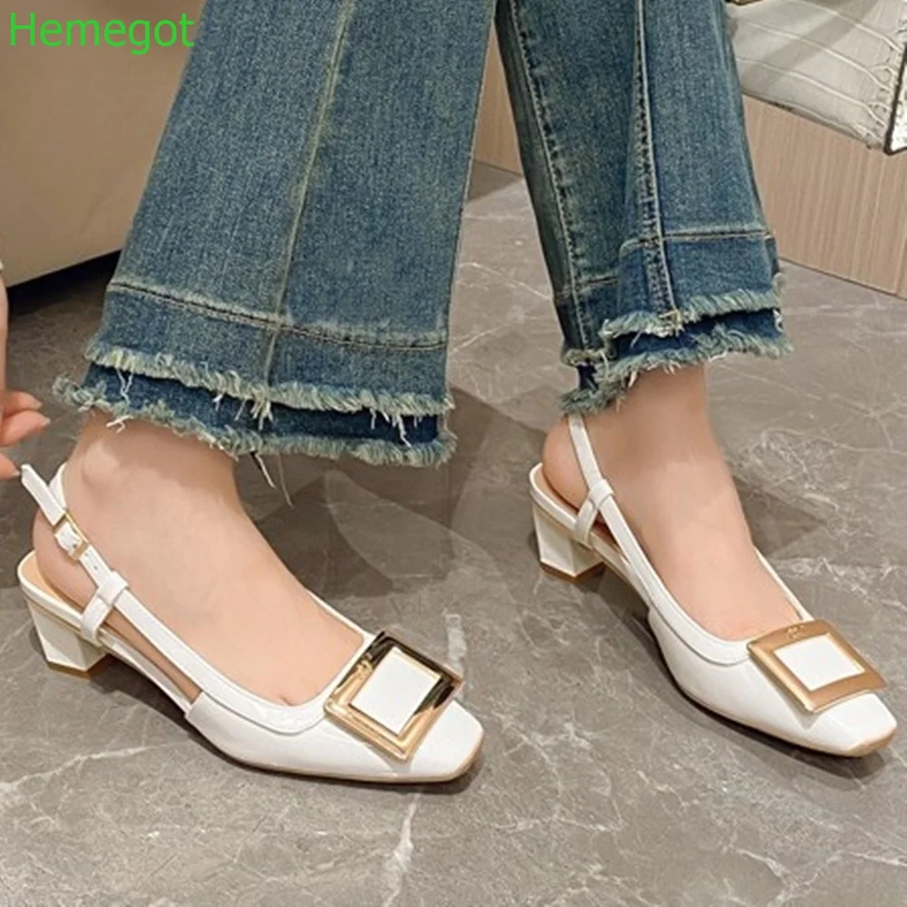 Metal Square Buckle Women Sandals Patent Leather Thick Heel Square Toe Sandal Spring Casual Low Heel Back Strap Fashion Sandals