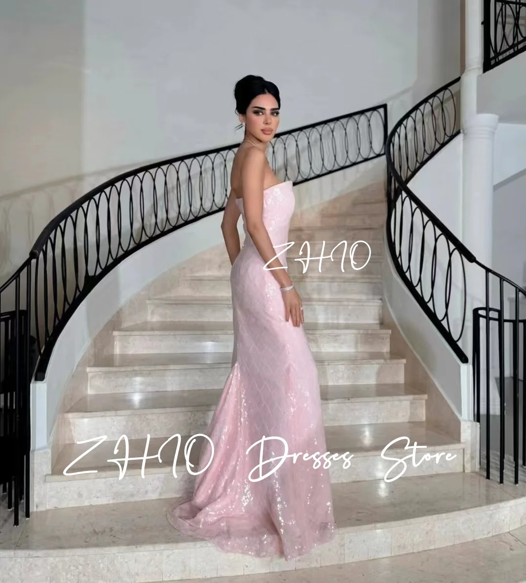 ZHIO-vestidos de noche de lentejuelas rosas exquisitos, sin tirantes, corte en A, tren de barrido, Arabia Saudí, vestido Formal para ocasión, vestido de fiesta personalizado