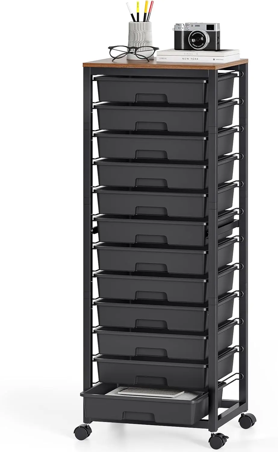 

12-Drawer Rolling Storage Cart with Wooden Tabletop, Black Teacher Craft Cart for Classroom Organization
