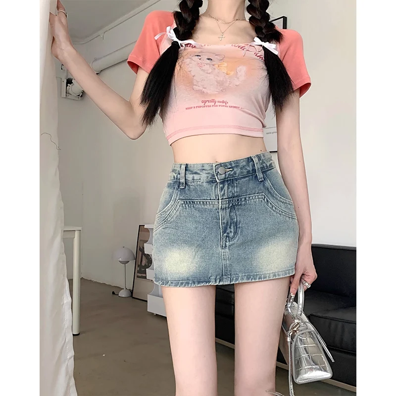 American retro washed high-waisted denim bustier female summer 2024 new Spice Girls skirt shorts skirt package hip short skirt