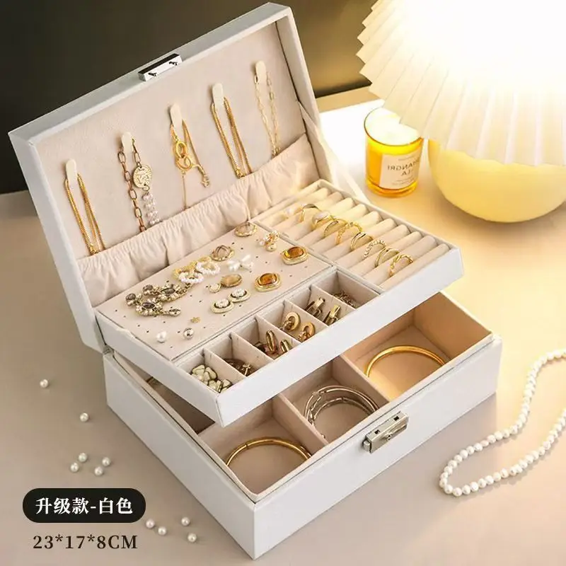 

Органайзер для хранения ювелирных изделий и футляр для макияжа Двухслойная кожаная шкатулка для драгоценностей Коробка для колец Коробки для ювелирных изделий и упаковка Ожерелье Серьги