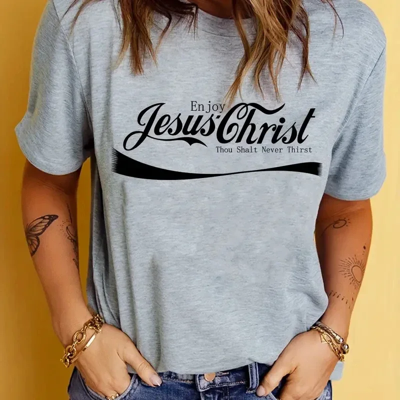 Jesus Enjoy christ Print T-Shirt, Short Sleeve Crew Neck Casual Top For Spring & Summer, Women's Clothing casual basics O-collar view 2