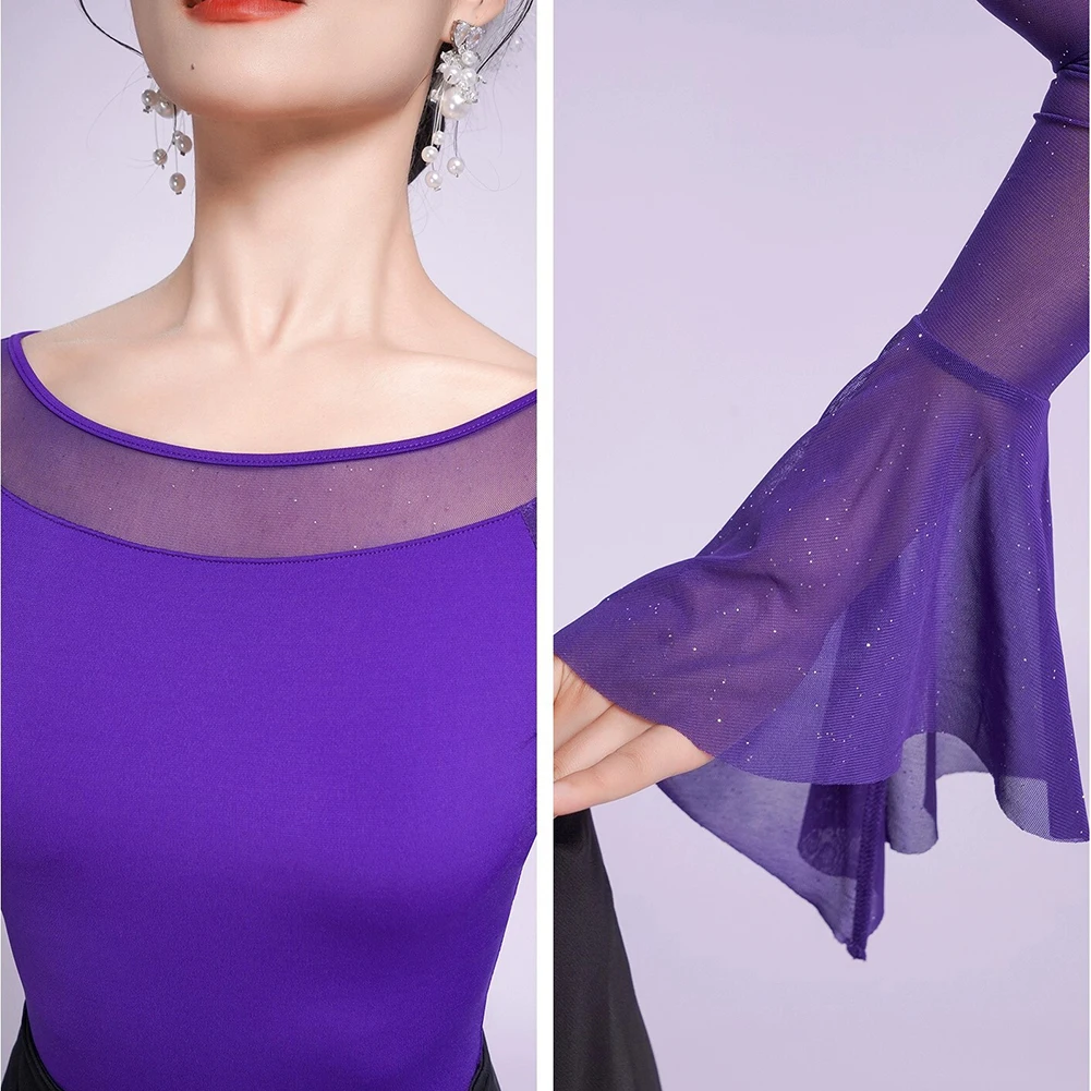 社交ダンス ラインダンス パープル ジャンプスーツ ワルツ 社交ダンス クルーネック レディース トップス ロータススリーブ セクシー ブラック 新品 インディゴ 長袖