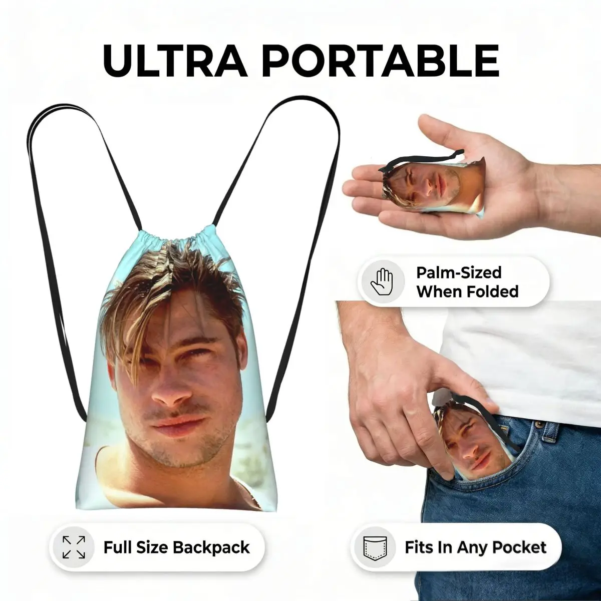Secret Brad Pitt Gifts Movie Fan Drawstring Backpack Sports Gym Bag Portable Travel Drawstring Bag for Men Women