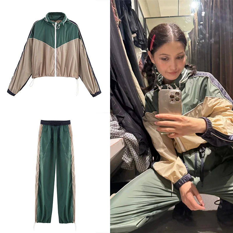 Guobioziy Retro Color-Block Sports Set for Women, Short Zip-Up Jacket with Drawstring Jogger Pants, Street Style Two-Piece Set